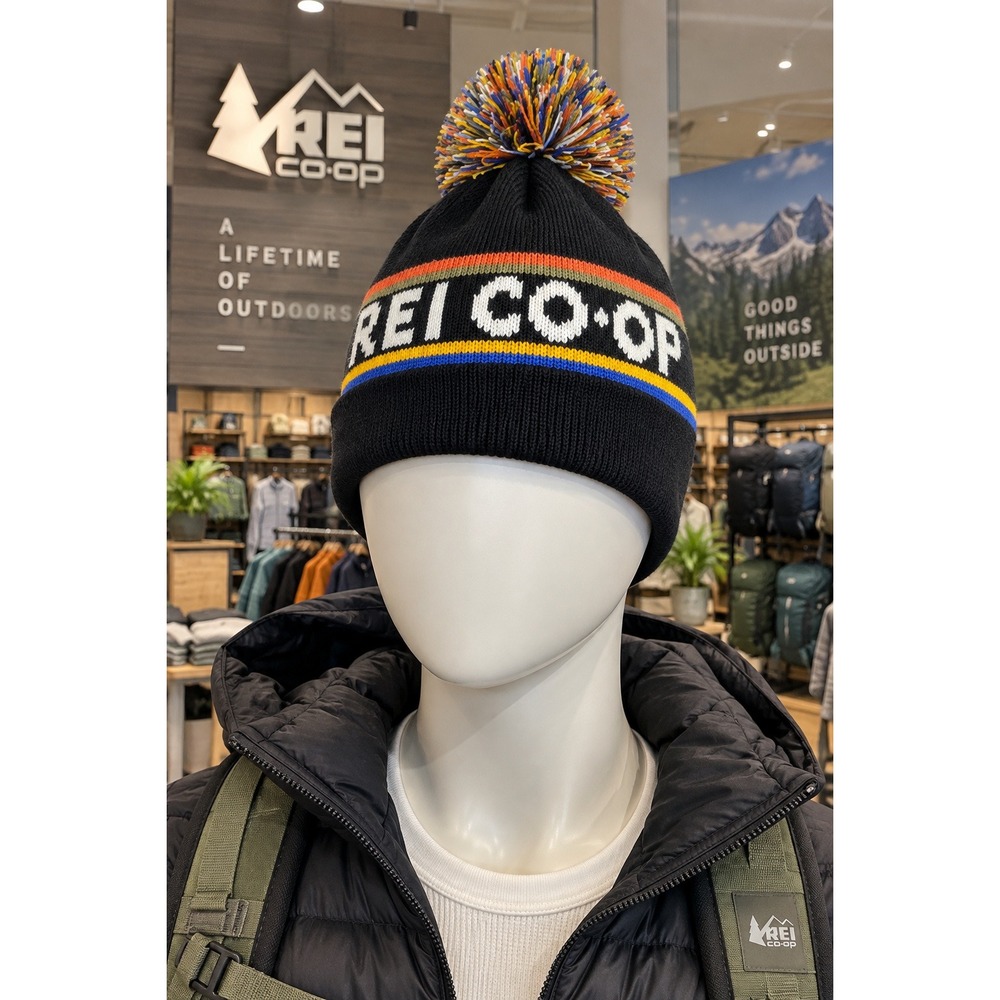 REI Co-op Black Multicolor Pom Pom Logo Beanie Gorpcore